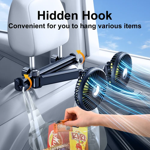 Imagen 2 del producto Eary-ventilador de doble cabezal para coche, ventilador enfriador de aire para reposacabezas del asiento trasero con 2 ganchos, brazo largo ajustable, 3 velocidades para camión, SUV, sedán
