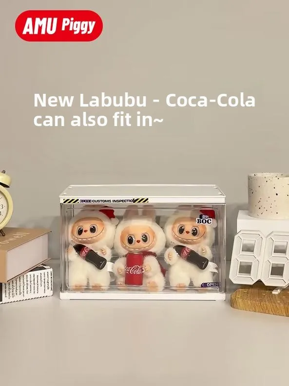 

Labubu Display Box Coca-Cola Collectible Figurine Storage Cabinet elf Dustproof aron Vinyl Toy Organizer for Home Office