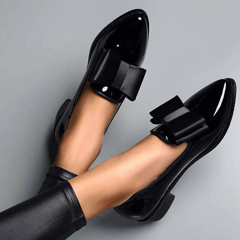 Spring Autumn Women Shoes Bowtie Loafers Patent Leather Women\'s Low Heels Slip On Footwear Female Pointed Toe Thick Heel zapatos