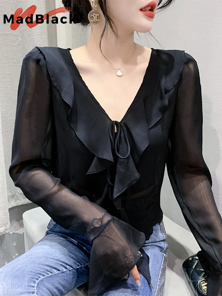 MadBlack Summer European Clothes Chiffon Blouses Ladies Sexy Ruffle V Necks Slim Thin Tops Short Sleeve Shirts New T36918JM