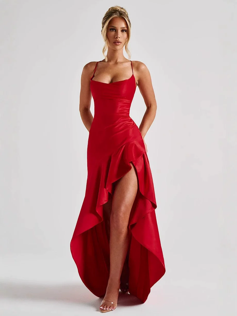 테스코 레드 섹시한 이브닝 드레스 스파게티 스트랩 비대칭 프릴 댄스 파티 드레스 부드러운 새틴 여성 여름 긴 드레스