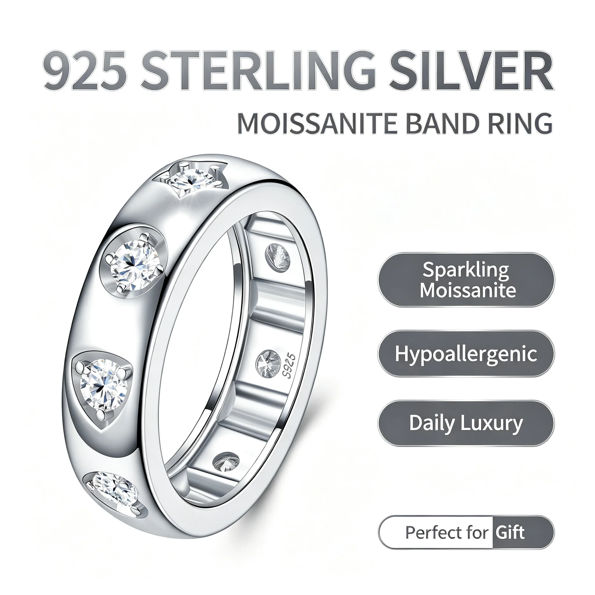 S925 Sterling Silver Moissanite Band Ring For Women Classic Round Cut Moissanite Wedding Band Luxury Engagement Promise Rings Fi