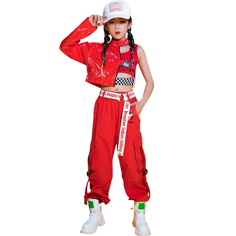 2021 Traje De Jazz Meninas Hip Hop Roupas De Dança Cool Couro Tops Macacões Calças Vermelho Stage Performance Outfit Para Crianças Desgaste BL5891