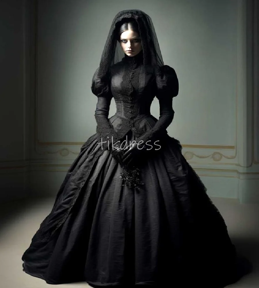 

Vintage Renaissance Black Gothic Wedding Dress Noblewoman High Neck Long Sleeve Witchy Medieval Bridal Dress Lace Customized