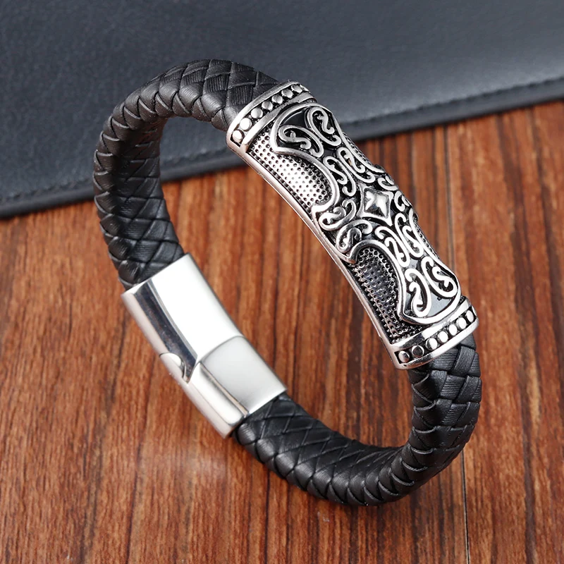 Classic Cross Design Men\'s Leather Bracelet Stainless Steel Handsome Bangles Christmas For Men New Year Jewelry Gifts