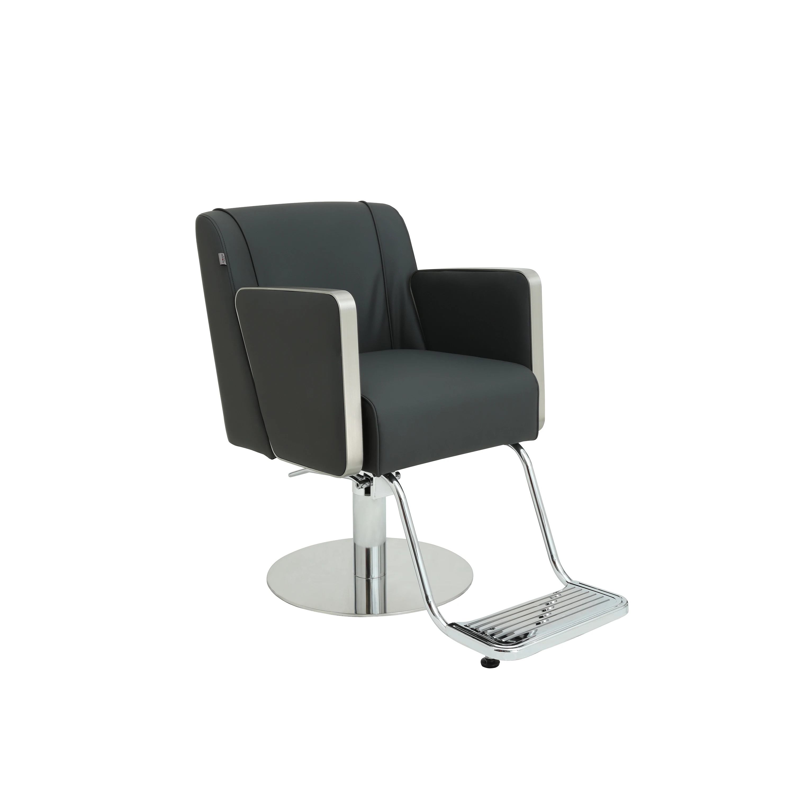 Modern dark grey styling chair with brushed metal armrests, professional hydraulic salon chair with silver trim