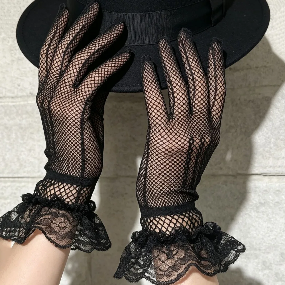 Women Gothic Punk Lace Mesh Gloves, Black White Soft Elastic Hollow Mittens Lolita Accessory for Ceremony Etiquette