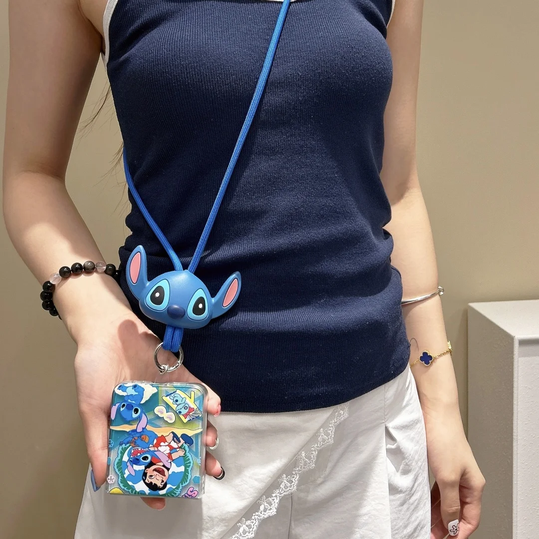 いたずらなステッチ ハッピー ストラップ ヒンジ 耐衝撃 スマホケース Samsung Z Flip 7 6 5 4 ZFlip 6 ZFlip 5 折りたたみ式 ハードPC ソリッドカバー