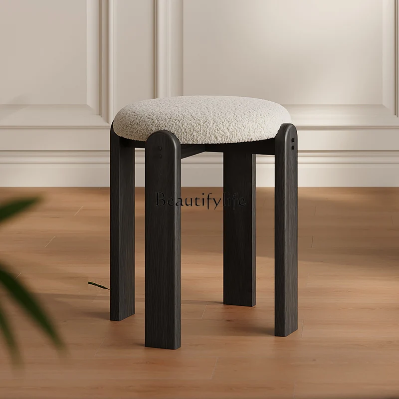 01 حقيبة مستحضرات التجميل الناعمة المصنوعة من الخشب الصلب، مقعد طعام أسود، يمكن تكديس غرفة المعيشة ذات المقعد العالي