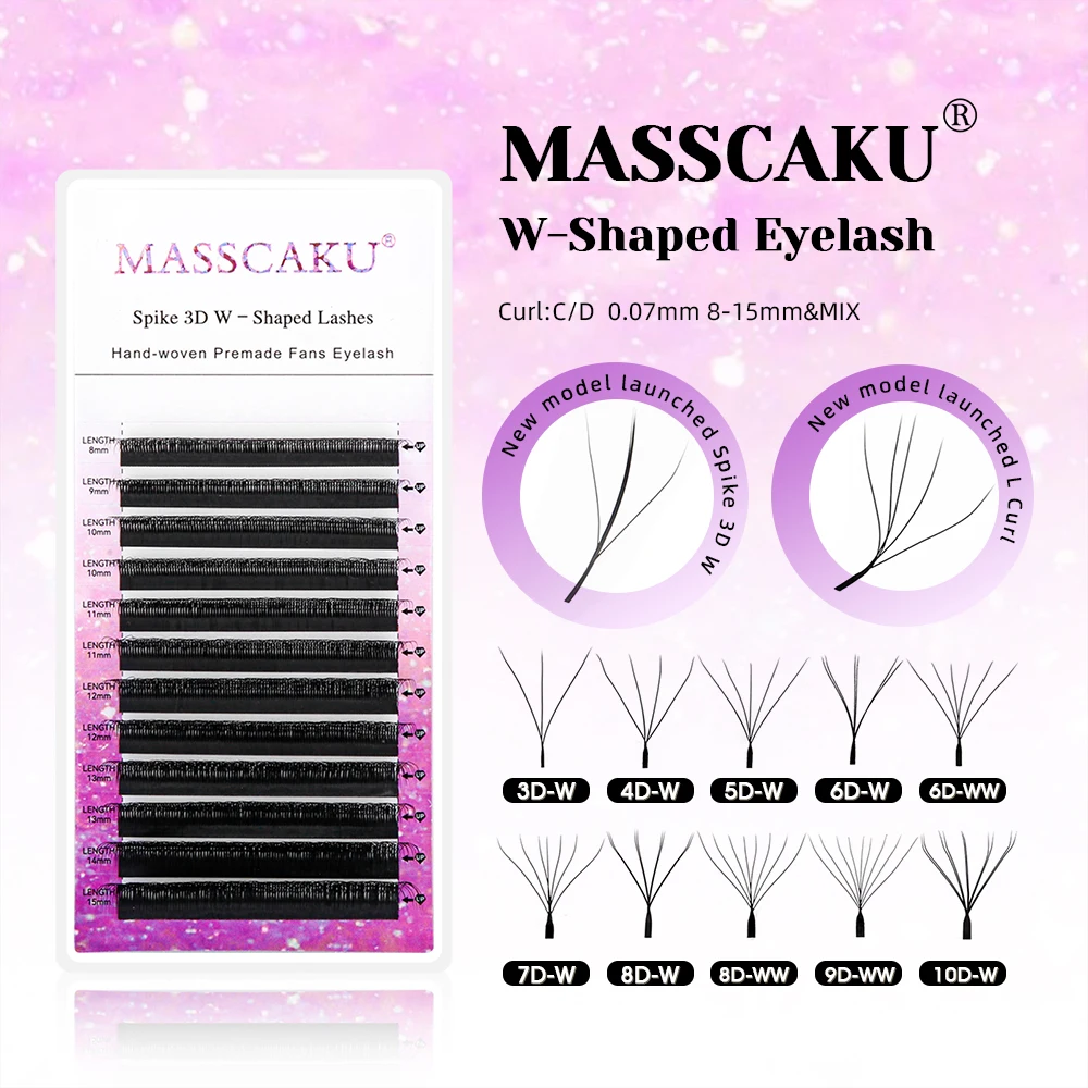 MASSCAKU Spike 3D W Eyelashes Extensions 0.07mm Thickness 8-15mm Mix Hand Woven Premade Volume Fans Lashes for Makeup Lovers