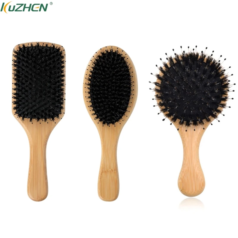 Natural Boar Bristle Hair Brush Bamboo Handle Scalp Massage Comb Anti-static Hair Comb Gasbag Detangling Hair Brush Styling Tool