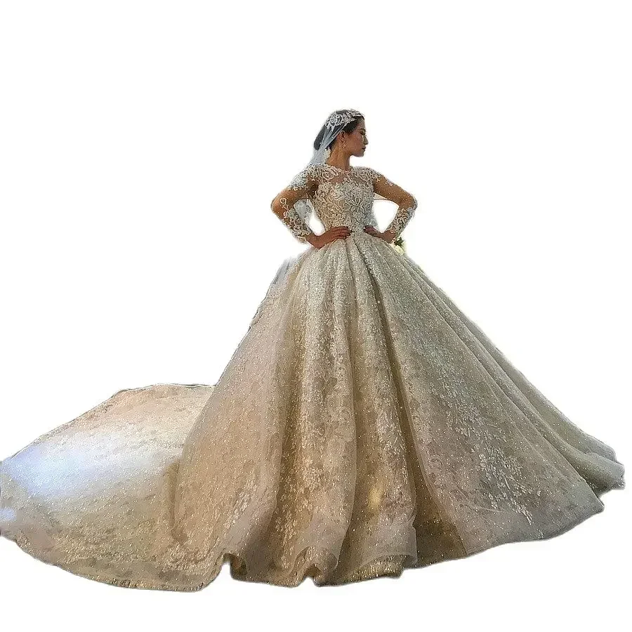 

Индивидуальное бальное платье с круглым вырезом и длинными аппликациями из бисера, свадебные платья с часовней и шлейфом, с длинными рукавами и открытой спиной, свадебное платье больших размеров