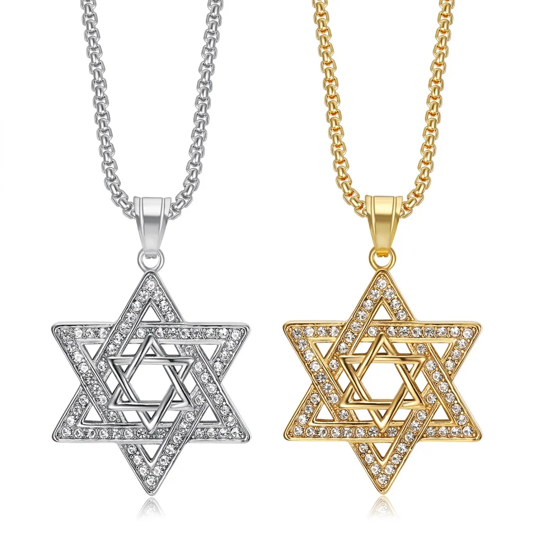 

Hiphop Iced Out Star of David Pendant Gold Silver Color Stainless Steel Zirconia Hexagram Necklace for Woman Man Jewelry Gift