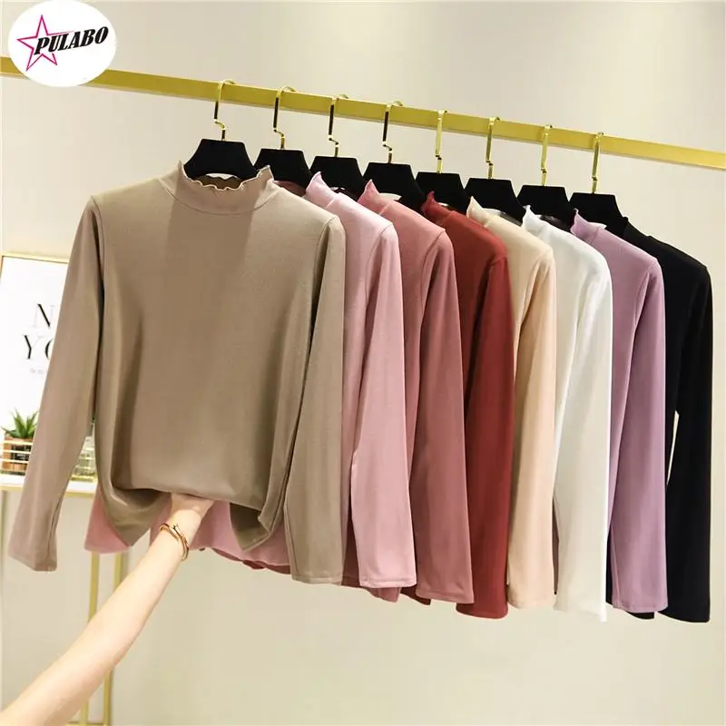 PULABO Women's Autumn Winter Velvet Shirt Thick Clothes Half-Collar Long Sleeves Solid Color Slim T Shirt T-shirts Tees y2k