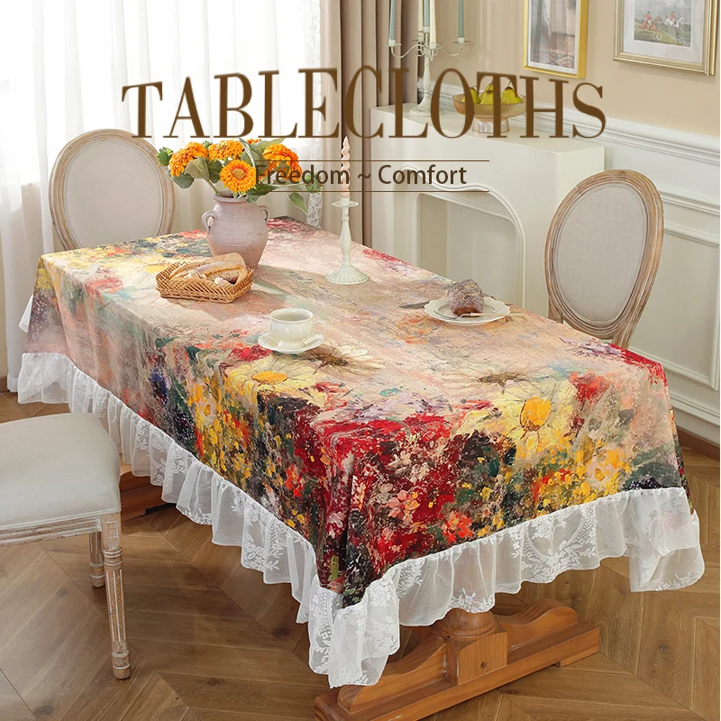 

New Design Watercolor Oil Painting French Pastoral Style Lace Edge Reusable Washable Tablecloths for Decoration Tables