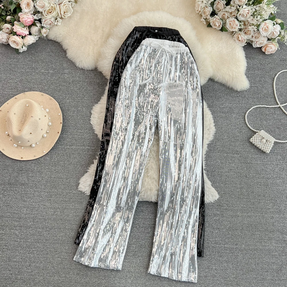 

Summer Sequins Casual Women Pants Korean Style High Waist Straight Wide Leg Trousers Chic Female Elastic Waist Blingbling Pants