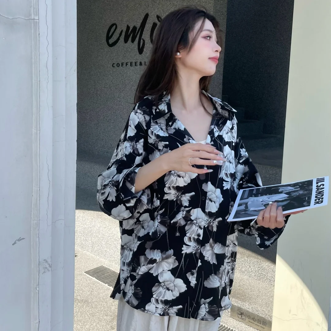 Superaen manga comprida americano retro oversize solto preto branco impresso camisa casual elegante 2025 verão novas camisas de design feminino