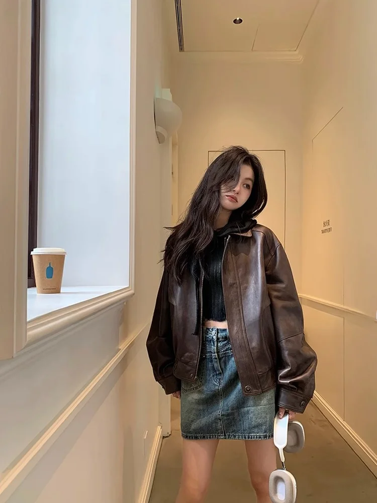 

Ретро-куртка из овчины в уличном стиле, с длинными рукавами, на молнии, для повседневной носки, стандартной длины