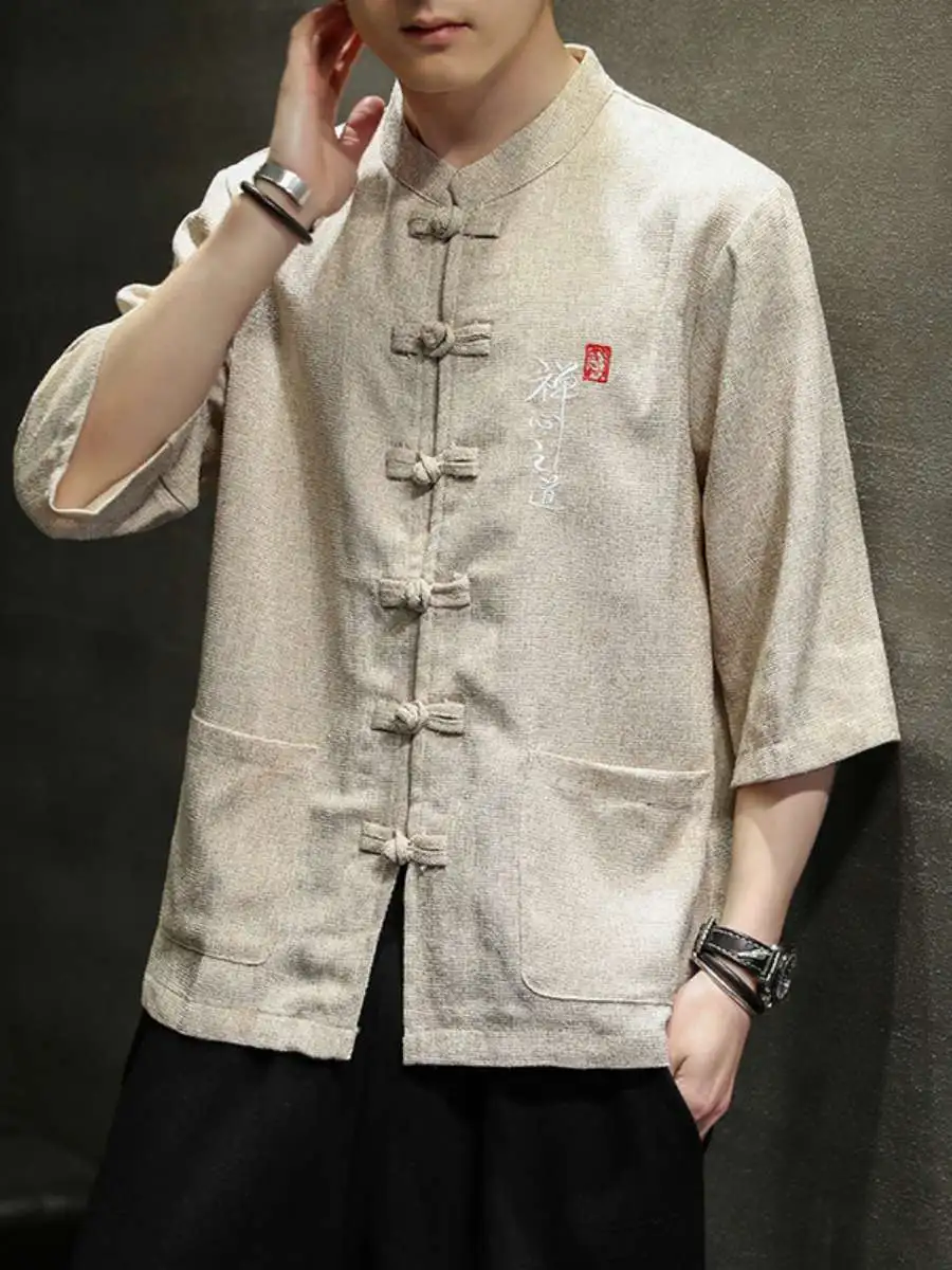 

New Men's Linen Shirt Chinese Style Cotton Linen Five-Quarter Sleeve Summer Vintage Stand Collar Casual Large Size Clothing