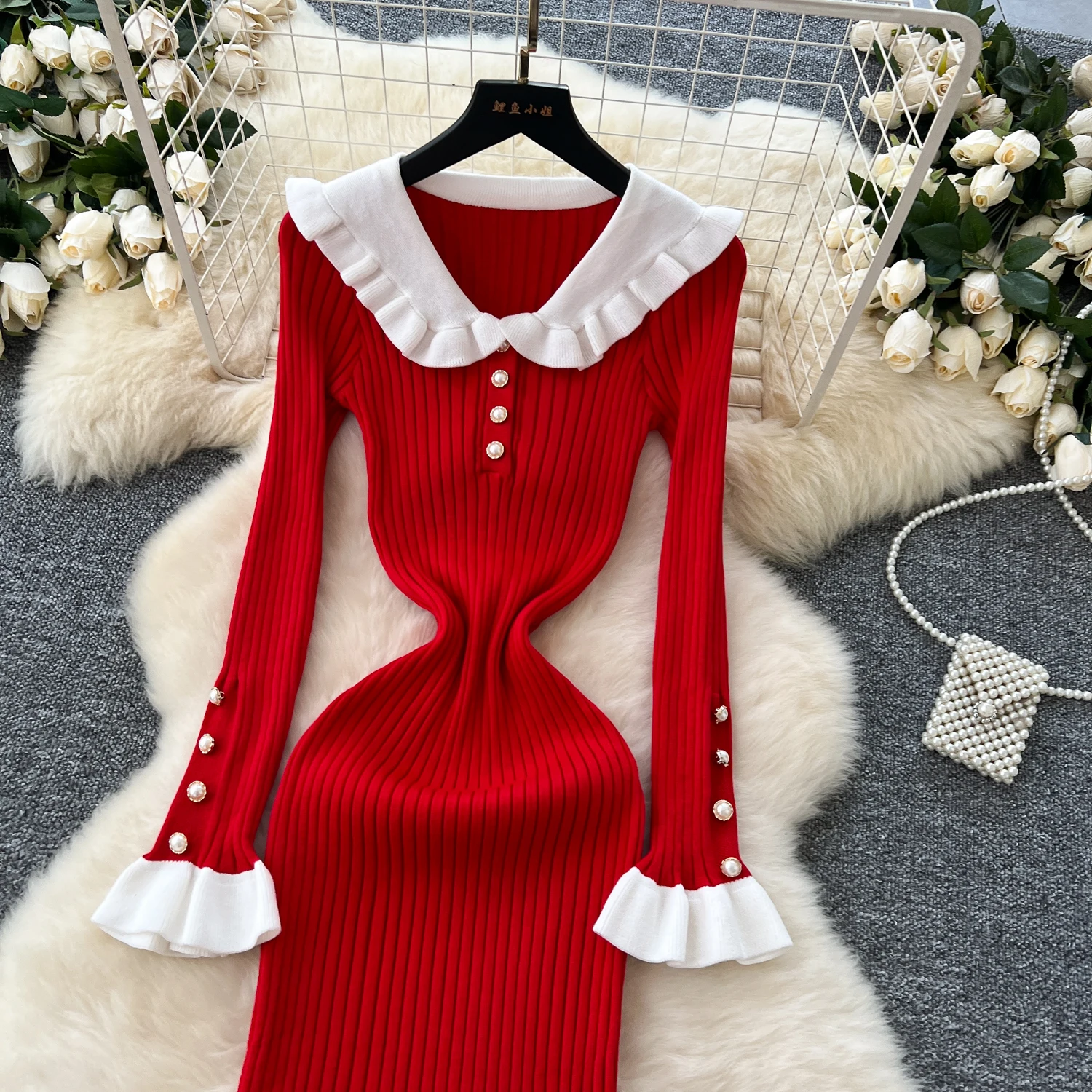 2024 Autumn New Retro Elegant Contrast Color Loose Long Sweater Dress Women Fashion A-line Long Sleeve Dress Wholesale J521 image 6