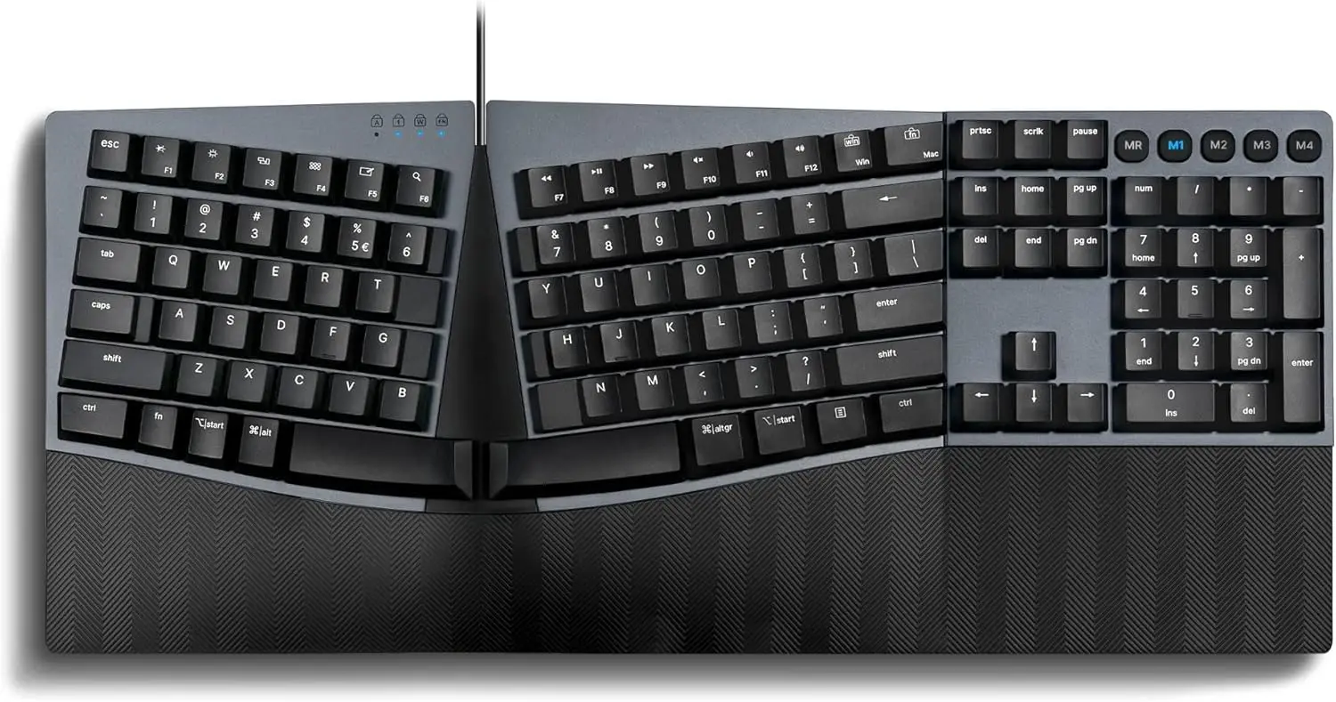 Ergonomic Mechanical Keyboard with Blue Clicky Switches, Programmable Macros, Compatible Windows/Mac - Full-Size Black Design