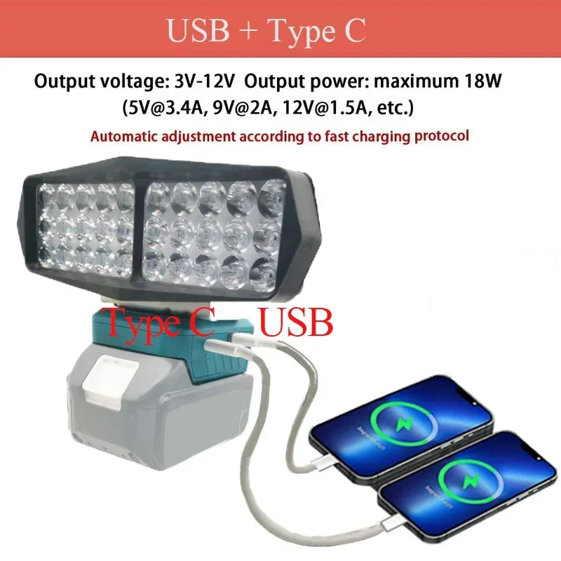 Car 30 LED Work Lamp Light Flashlight Torch Type C USB Power Bank For Makita For DeWalt For Bosch For Milwaukee 18V Battery