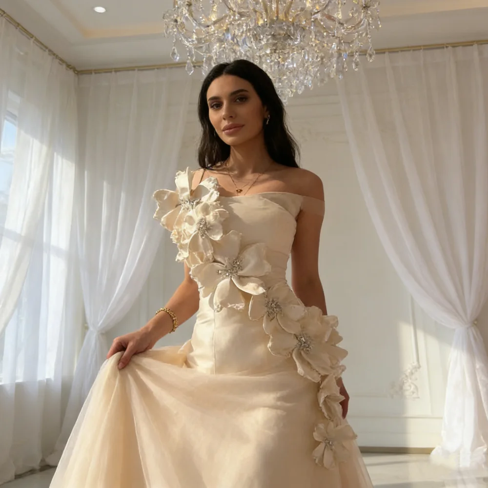 

Customized Luxury Intricate Handmade Flower Pleat Rhinestone Mermaid Strapless Floor-Length Evening Dresses For Birthday Party