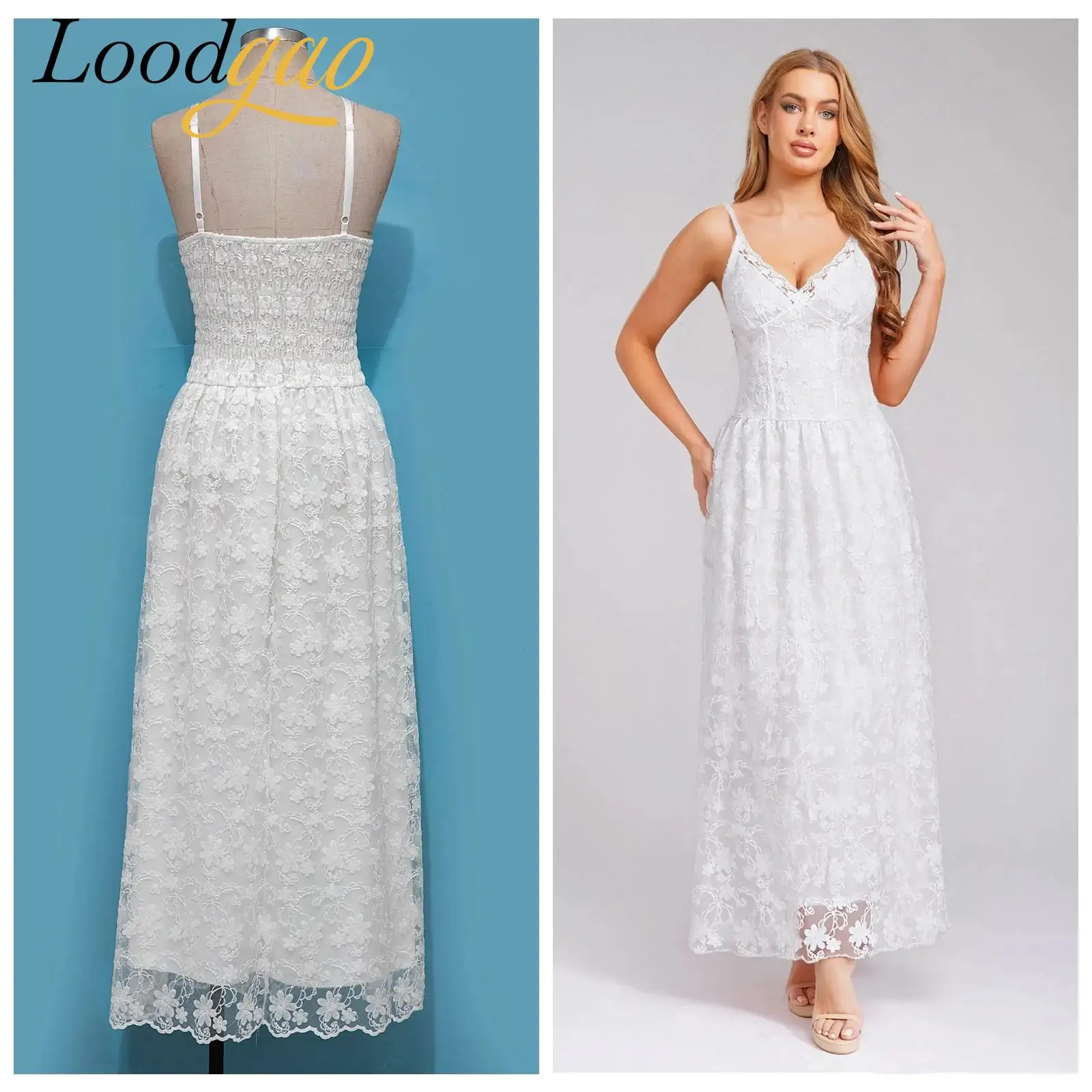 Women's Dress Floral Lace Boho Beach Maxi Dress V Neck A-line Dress Robes Vacation Lady Vestidos Fashion Swing Dress Embroidered