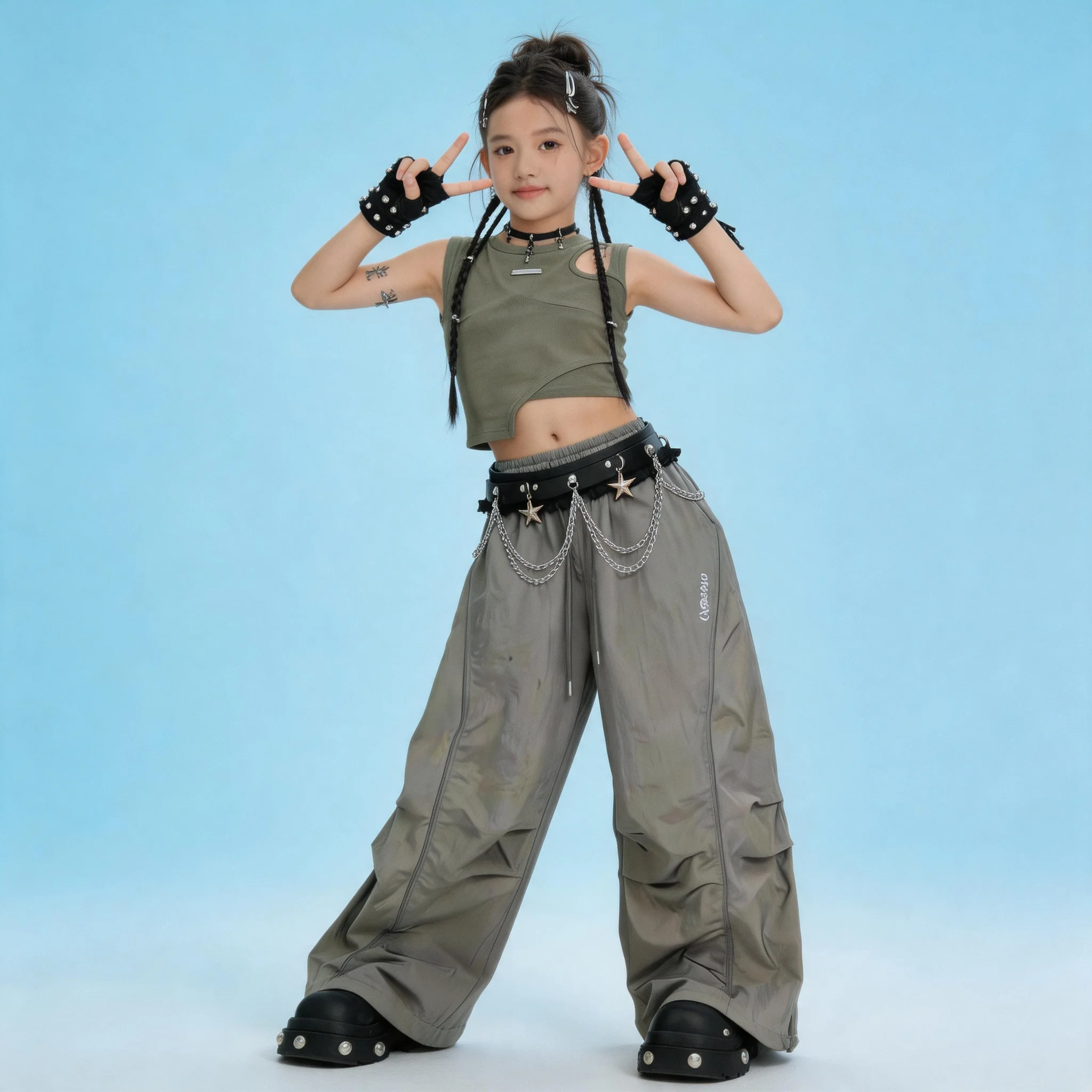 

Fashion Girls Kpop Hip Hop Jazz Dance Set Black Strap Crop Top Gray Wide Belt Casual Pants