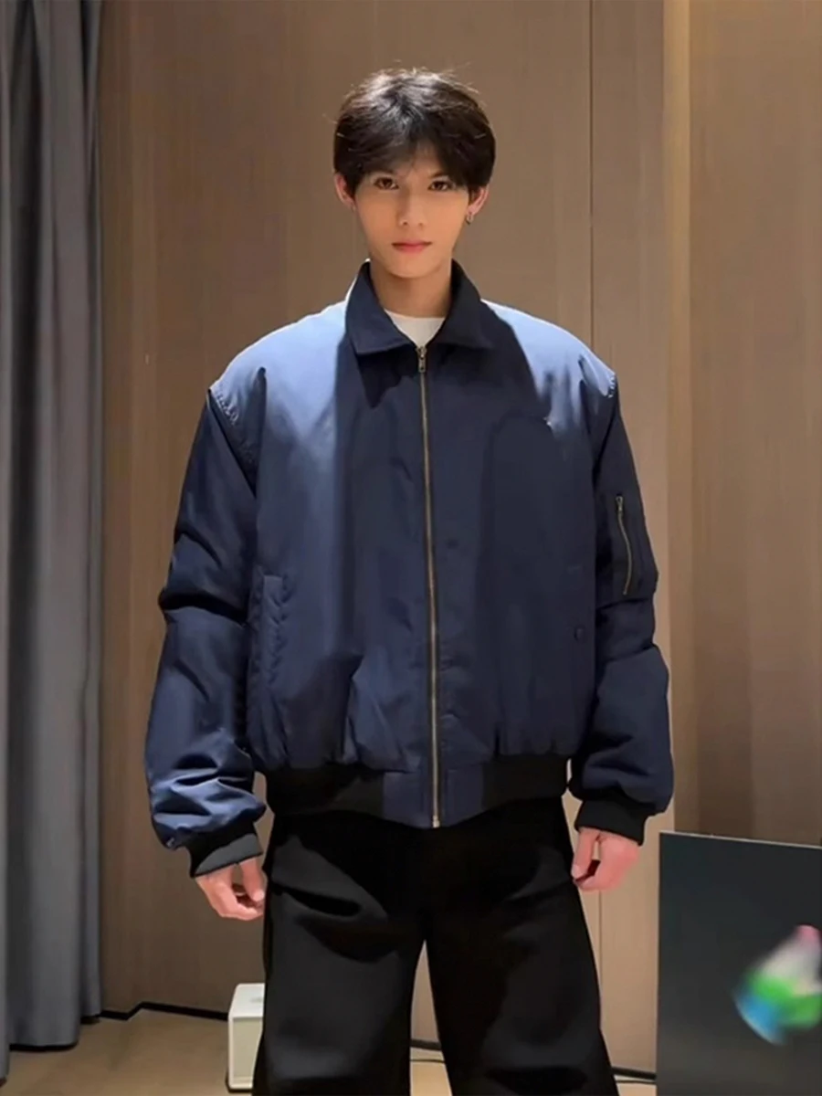 

Thiened Retro American Sle Men's Cotton Jaet MA Pilot Coat Warmth Collar Winter Outerwear Youth Casual Pure Color