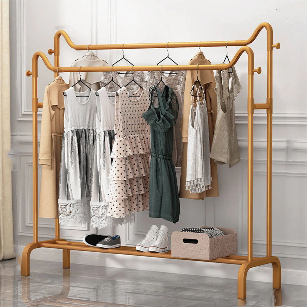 

42-Inch Wide Heavy-Duty Double-Rod Clothes Rack, Gold Freestanding Garment Organizer with Storage Shelf. Space-Saving Wardrobe for Bedroom & Balcony, Gold