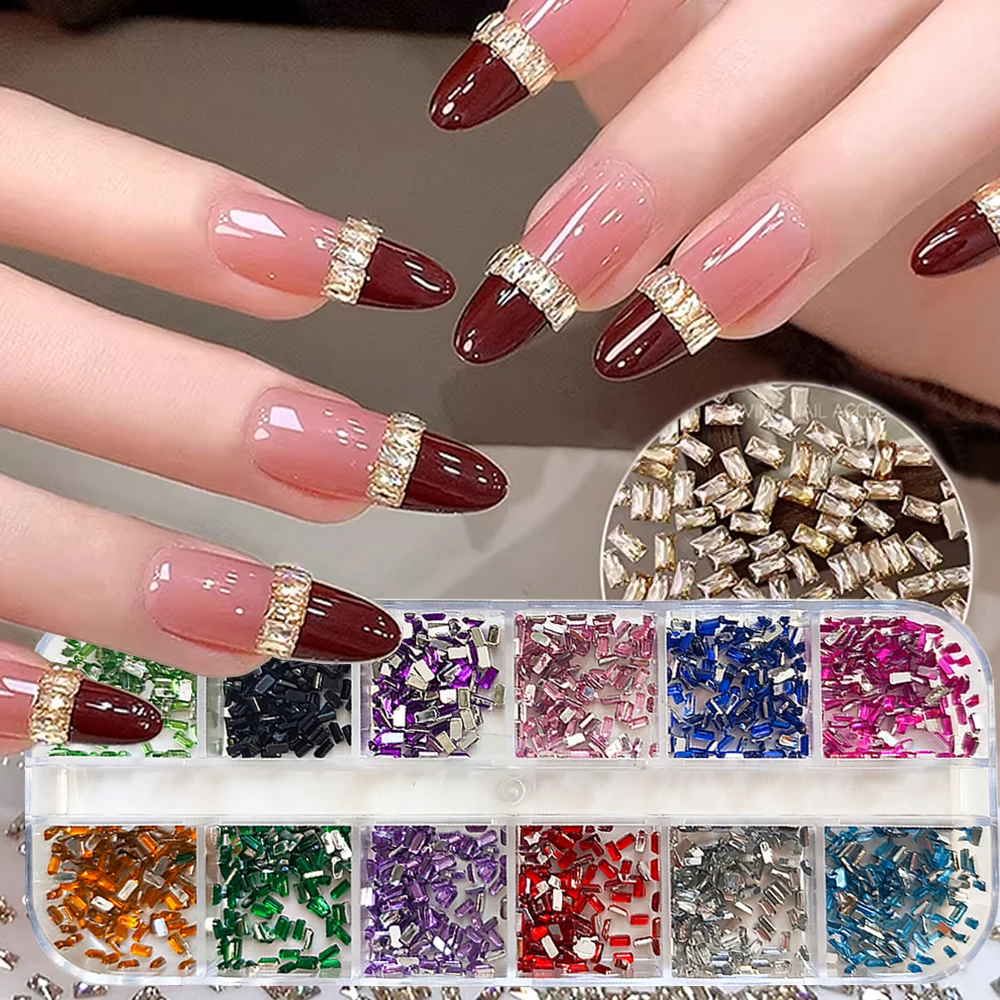 12 Siatek Mieszanych Mini Prostokątnych Cyrkonii do Paznokci, Kolorowe Kryształki 3D 3mm, Luksusowe Błyszczące Ozdoby do Paznokci, Białe/Różowe Diamenty z Płaskim Spodem