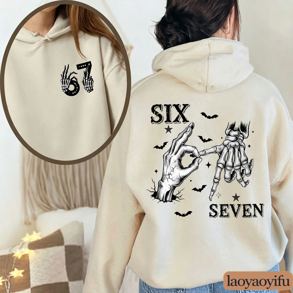 Six Seven Skeleton Hand Hoodie Halloween Goth Emo Bats Star Graphic Front Back Print Women Unisex Fall Casual Long Sleeve Jumper