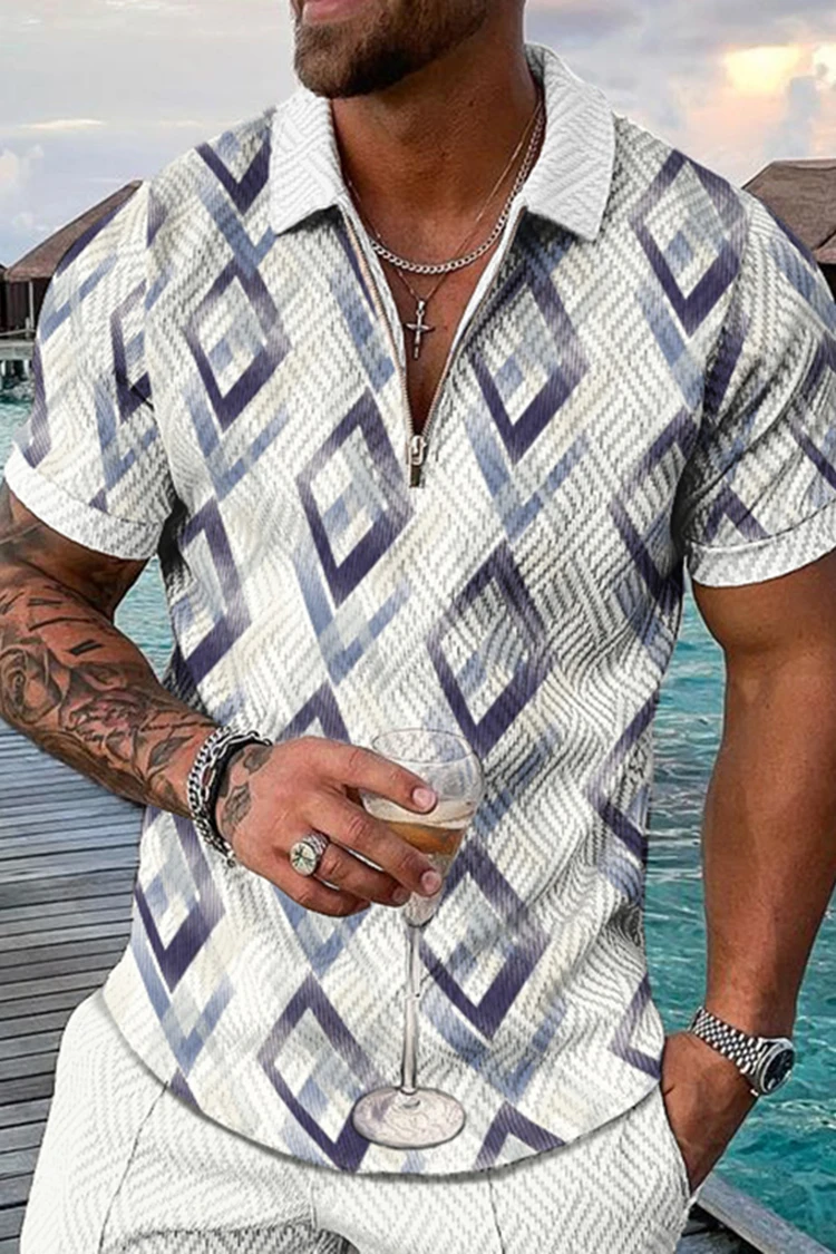 

2025 Summer Men's Fashion New POLO shirt, Checkered men's Casual Business Zippered short-sleeved top, T-shirt Men's POLO Shirt