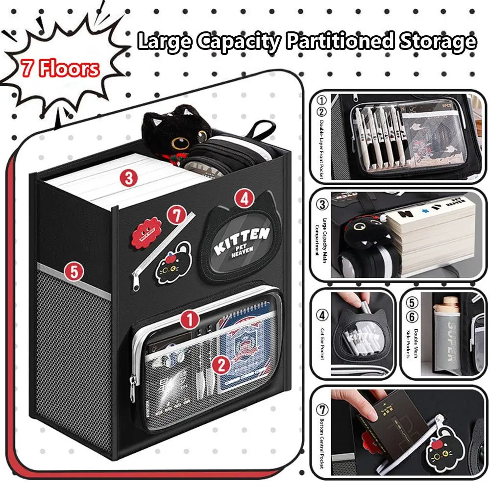 Cartoon Seven Layers Canvas Handbag Portable Multifunctional Books Bag Large Capacity Tutoring Bag Students