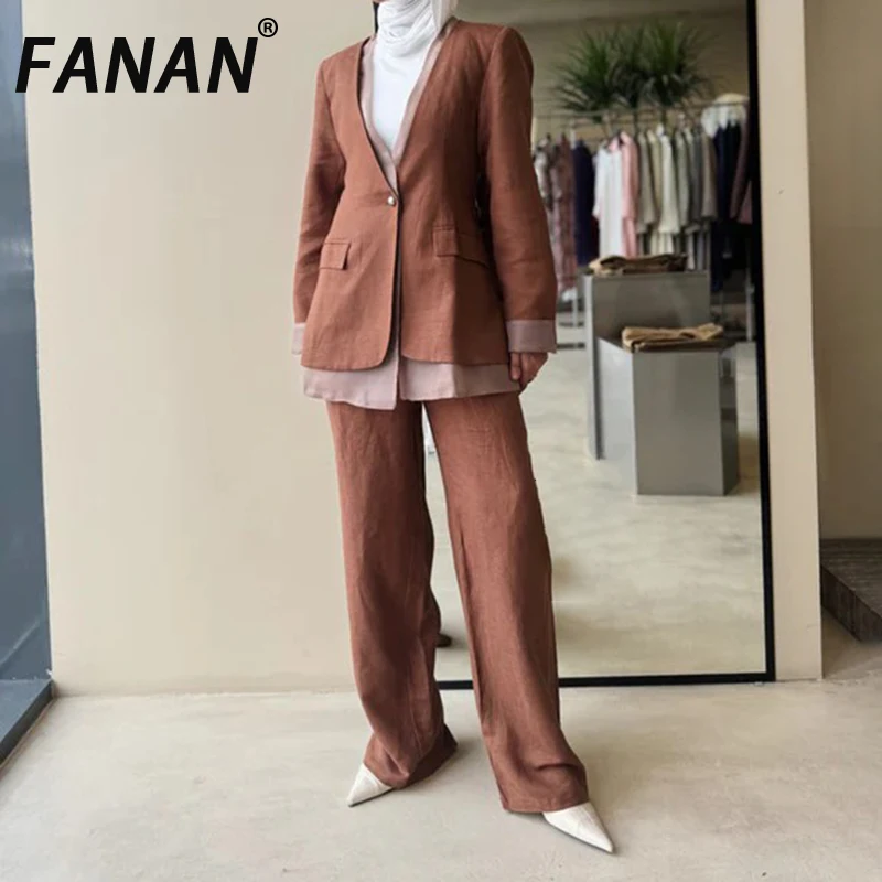 FANAN Leinen Elegante Kontrast Farbe 2-teiliges Set frauen V-ausschnitt Gespleißt Design Blazer + hohe Taille Gerade Hosen 2025 herbst Neue