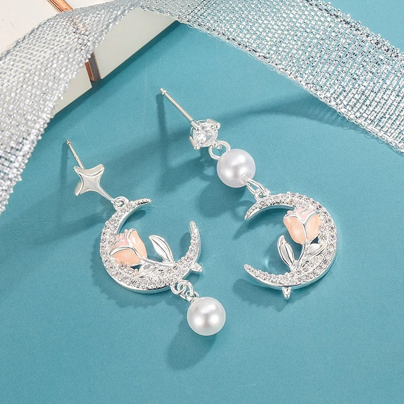 Romantic Rose Moon Pearl Tassel Earrings For Female Elegant Temperament 2026 New Inlaid Zircon Earring KOFSAC