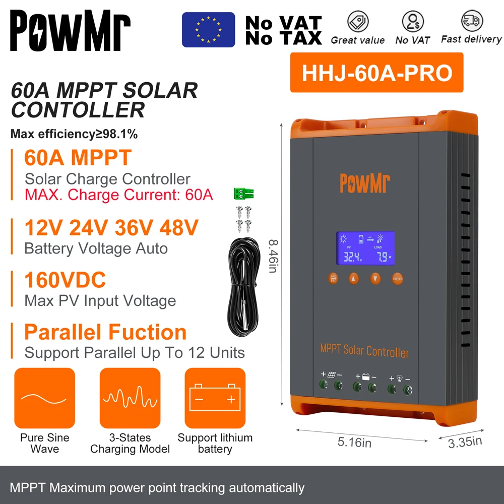 PowMr MPPT 100A 80A 60A 40A 30A 30A 20A Zonnelader Controller LCD Werk met 12V 24V 36V 48V Loodzuur Lifepo4 Batterij Zonnepaneel