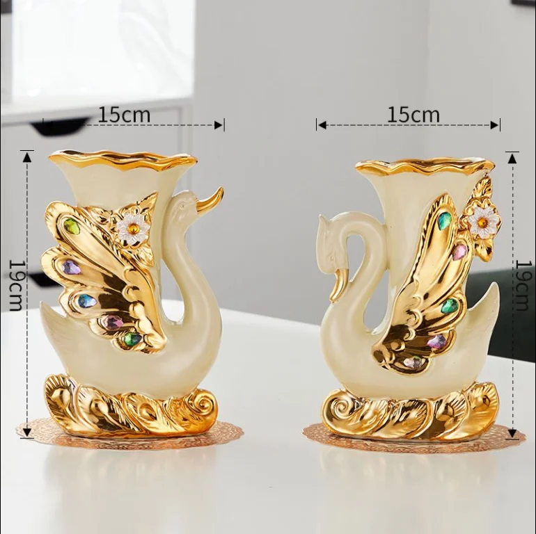 1pcs European Ceramic Gold Vase Arrangement Dining Table Home Decoration Accessories Creative Golden Swan Vases