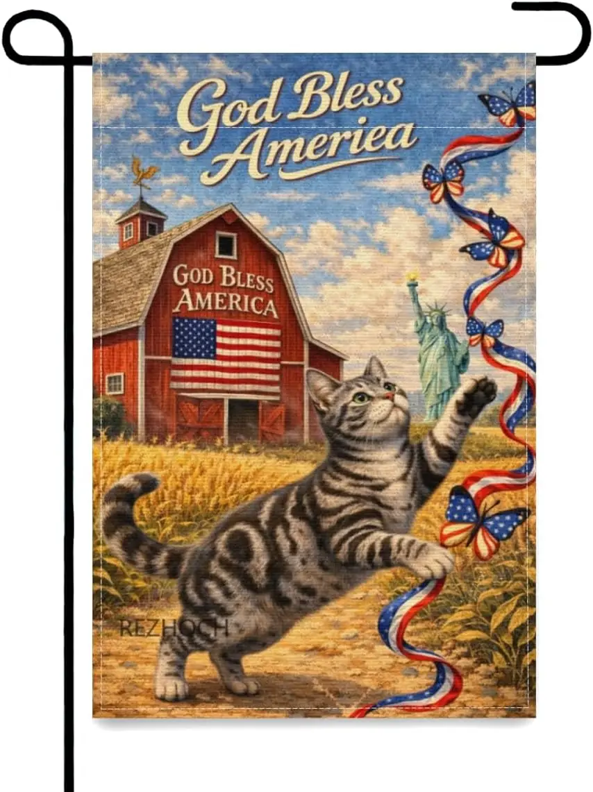 Bandera de Jardín con Diseño de Gato American Shorthair, 12x18 Pulgadas, Patriótica, con la Leyenda 'God Bless America', Decoración para el Hogar y Exteriores del 4 de Julio