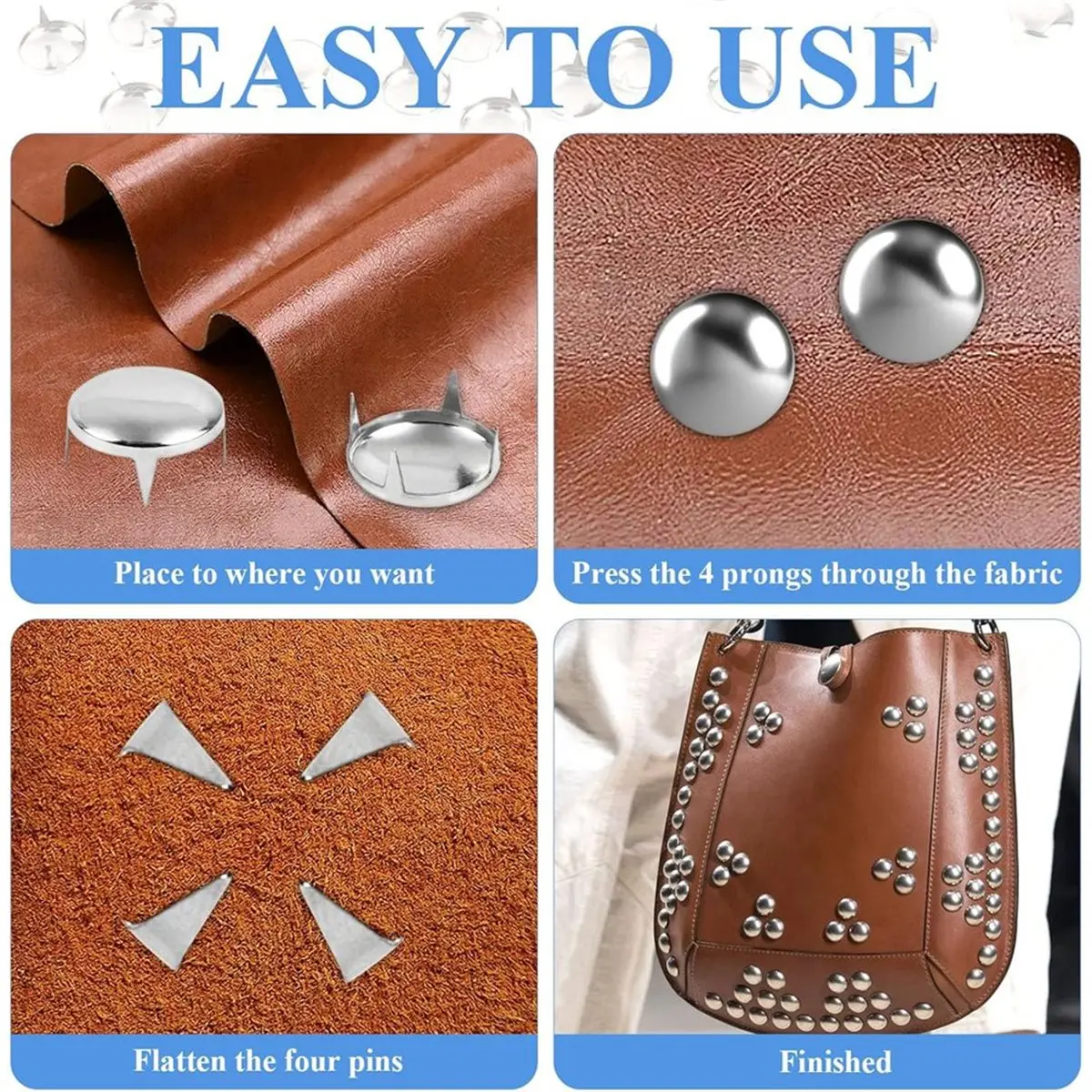 250Pcs 16mm Round Dome Studs for Clothing, Nailhead Studs and Spikes Leather Rivets, Prong Studs Kit for Punk Rock DIY