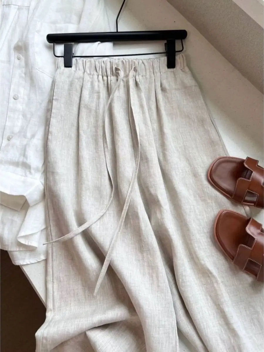 Japonês sle tamanho pequeno linho calças de perna larga feminino verão drapeado preguiçoso casual algodão linho calças de perna reta