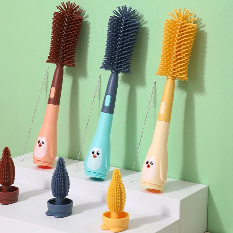 Wasserbecher-Reinigungsbürste, Strohbürste, Pinguin-förmige Schnullerbürste, Babyflaschenbecherbürste, drei in einem Silikon-Babyflaschenbürste