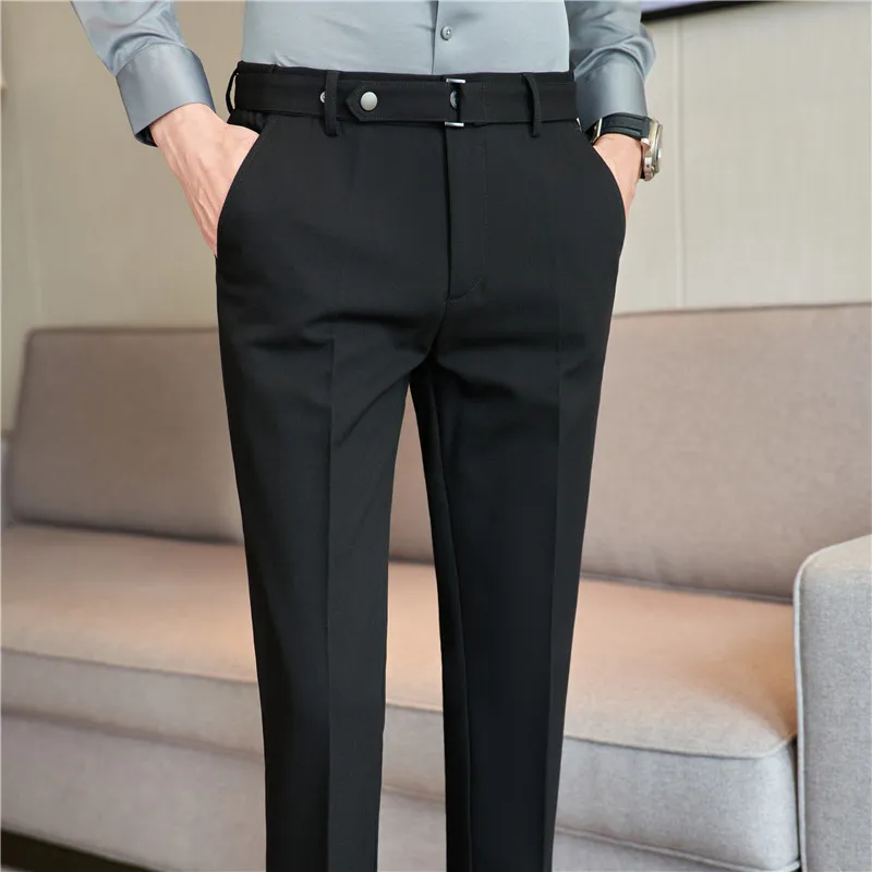 Dark stripe Men Formal Trousers 2024 New Fashion Belt Design Man Dress Pants Simple Slim Business Casual Suit Pant Plus Size 38