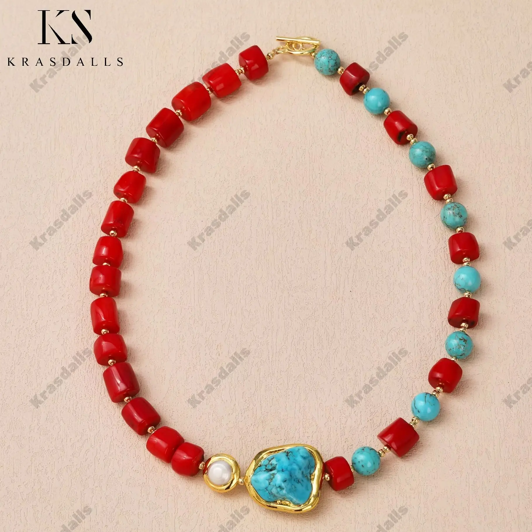 

Blue Turquoise with Drum-shaped Necklace Red Coral White Pearl Copper-Gold Plated Beads Vintage Separate Beaded Fashion Necklace