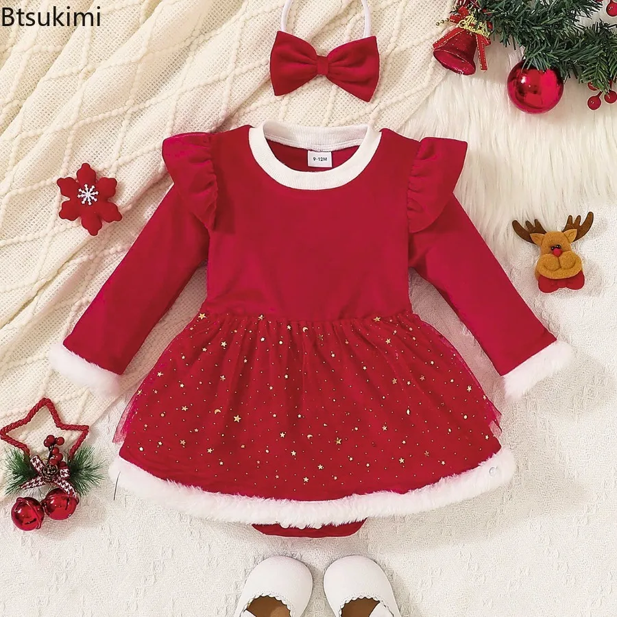Spring Autumn Baby Girls Christmas Clothes Tree Star Printed Bodysuit Dress for Infants Festival My First New Year Baby Costume