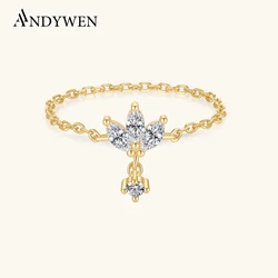 ANDYWEN 100% 925 Sterling Silver Gold Soft Chain Zircon Queen Rings Women Luxury Fine Jewelry 2021 Wedding Party Anniversary