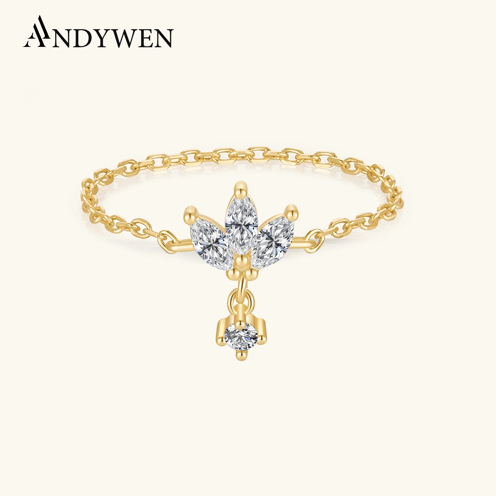 ANDYWEN 100% 925 Sterling Silver Gold Soft Chain Zircon Queen Rings Women Luksusowa biżuteria 2021 Ślub Impreza Rocznica