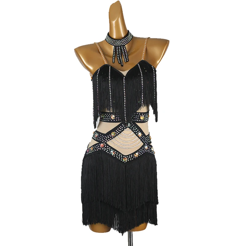 Fringe Latin Dance Dress for Women Competition Ballroom Dance Costumes Sleeveless Rumba  Salsa Tango Stage Performance