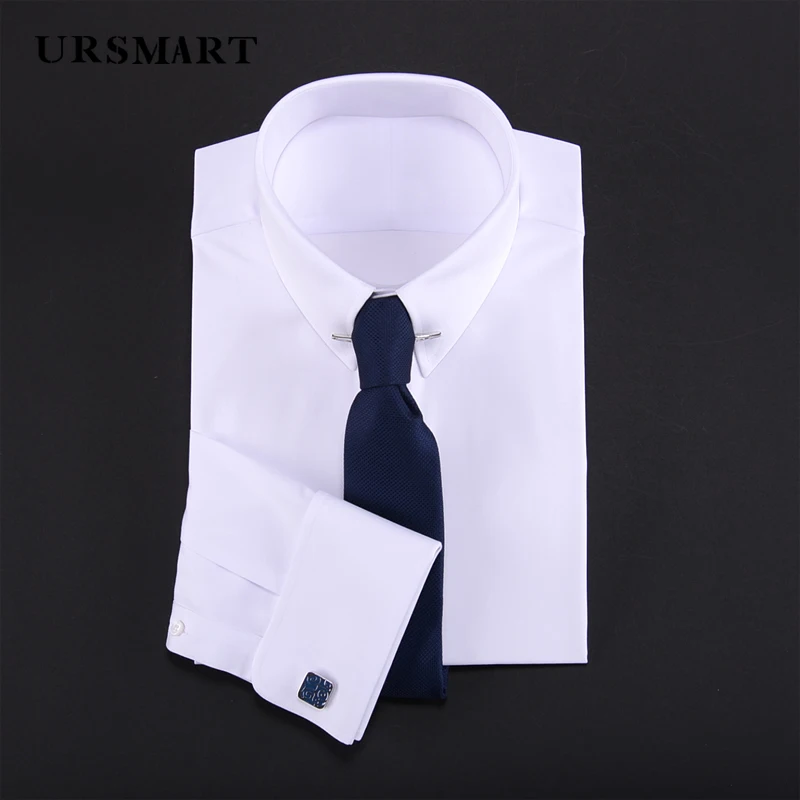 

Men's French Cufflinks Long-Sleeved Shirt - White Long Pointed Collar Clip Non-Iron Slim Fit Business Dress Shirt